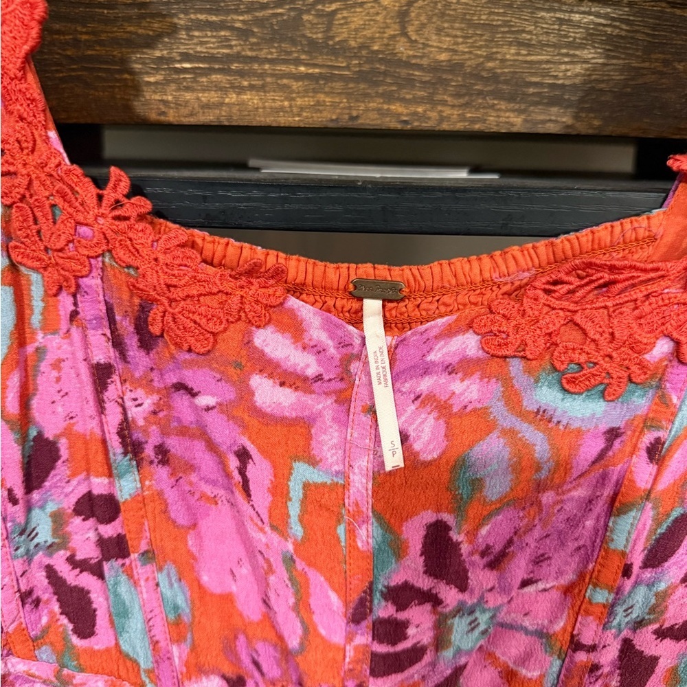 Free People Floral Midi Dress Pink Orange Lace Trim Small - Picture 9 of 13